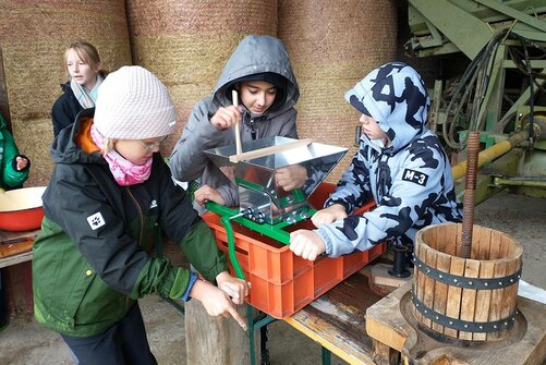 Aus regionalen Äpfeln pressen die Schüler:innen ihren eigenen Apfelsaft. Foto: Carola Lässing